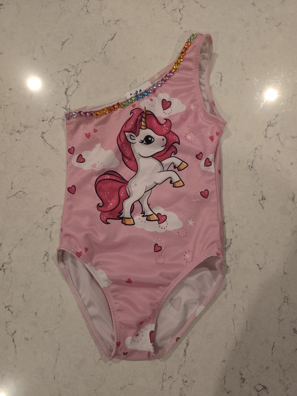 Lola + The Boys Pink Unicorn One-Shoulder Swimsuit with Rainbow Beaded Trim